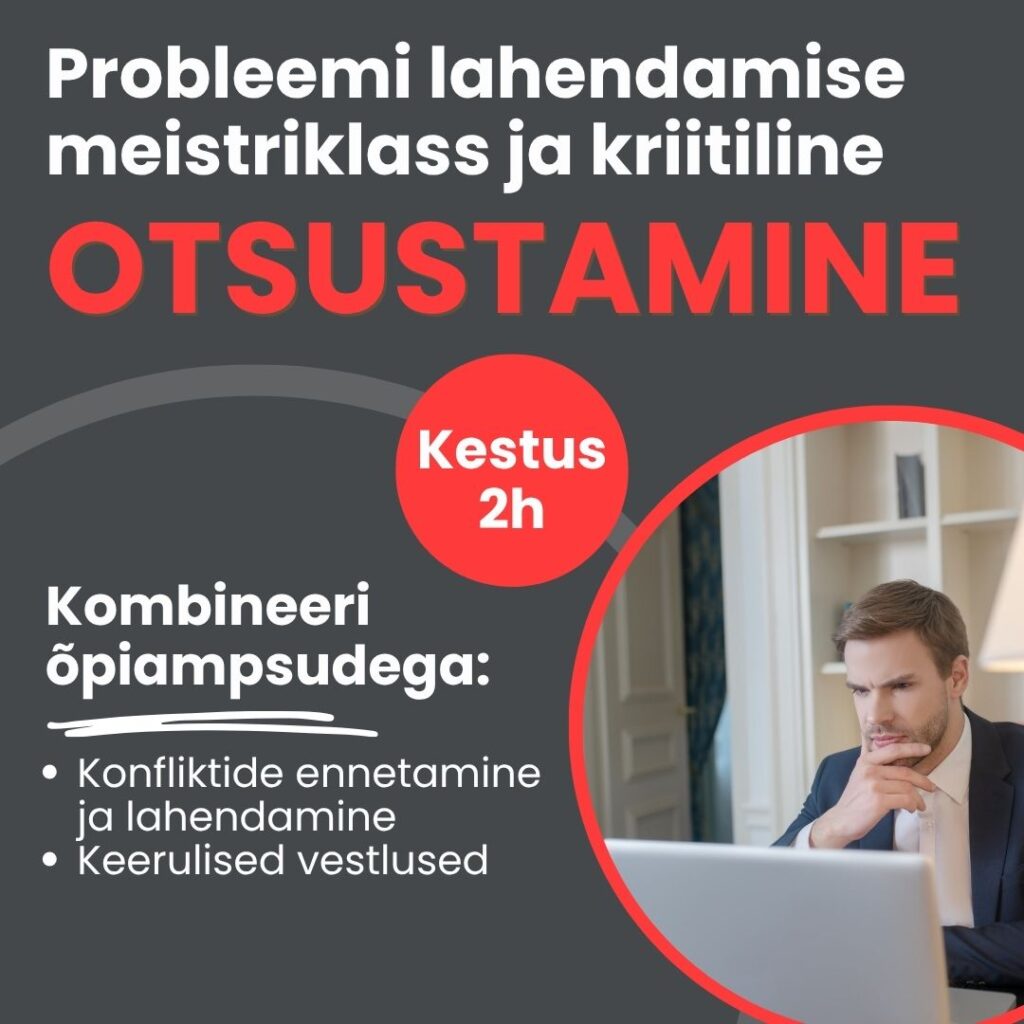 Kas arutelud kestavad kaua, kulgevad pingeliselt, kuid otsuseid sünnib vähe? Samad probleemid ilmnevad uuesti ja mustrid ei taha muutuda? See lühikoolitus õpetab meeskonda kasutama üht lihtsat raamistikku otsustamiseks ja probleemide lahendamiseks.