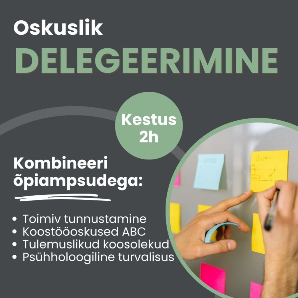 Kas juhil on tunne, et kõik oluline jõuab lõpuks ikka ringiga tagasi tema lauale? Selles praktilise lühikoolituse käigus õpitakse, kuidas delegeerida nii, et vastutus jaguneb selgelt ja meeskond muutub iseseisvamaks.