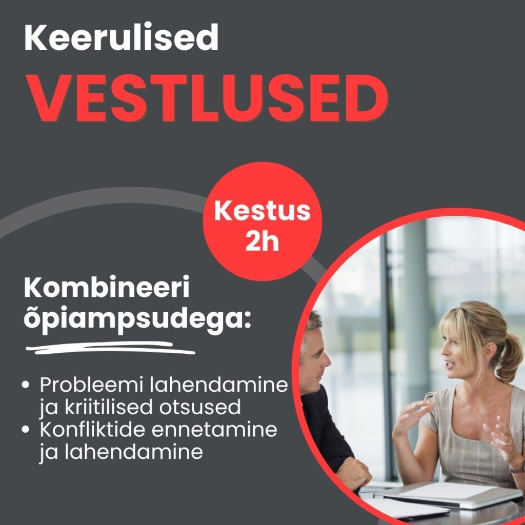 Kas meeskonnas tuleb ette vestlusi, mida lükatakse aina edasi, sest need tunduvad liiga ebamugavad? Selles praktilise lühikoolituse käigus õpitakse, kuidas keerulisi vestlusi rahulikult ja eesmärgipäraselt juhtida.