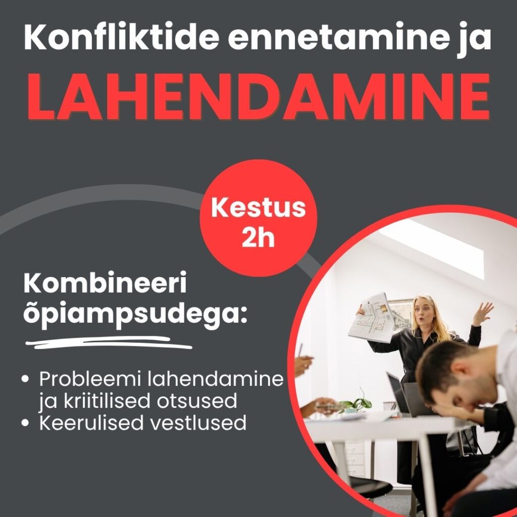 Kas pinged jäävad meeskonnas rääkimata ja kasvavad ajapikku konfliktideks? Selle praktilise lühikoolituse käigus õpitakse märkama konflikti varajasi märke ja lahendama erimeelsusi nii, et koostöö ja suhted säilivad.