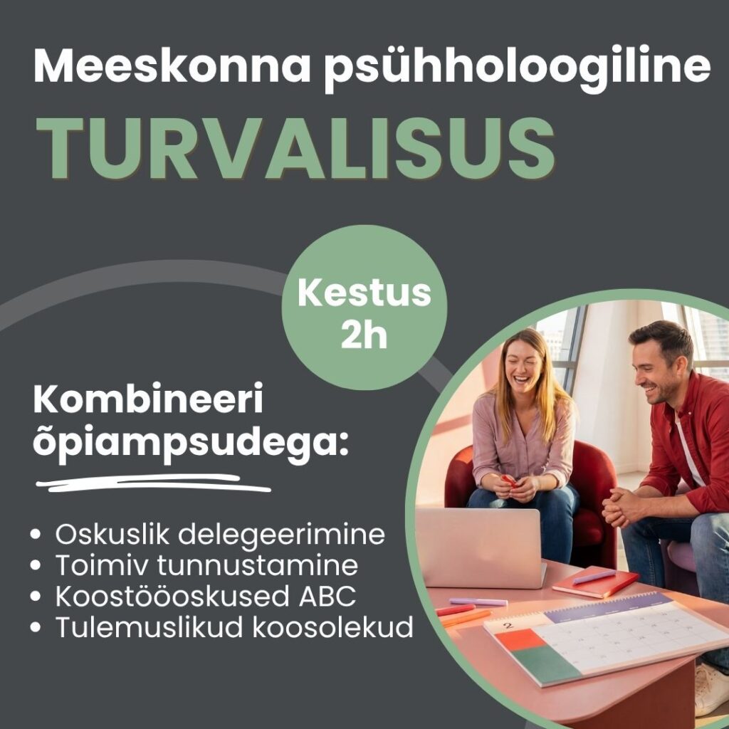 Kas inimesed vaikivad koosolekul, kuigi neil on mõtteid? Selles praktilise lühikoolituse käigus õpitakse, kuidas luua meeskonnale keskkond ja kultuur, kus inimesed julgevad kaasa mõelda, küsida ja ausalt kaasa rääkida.
